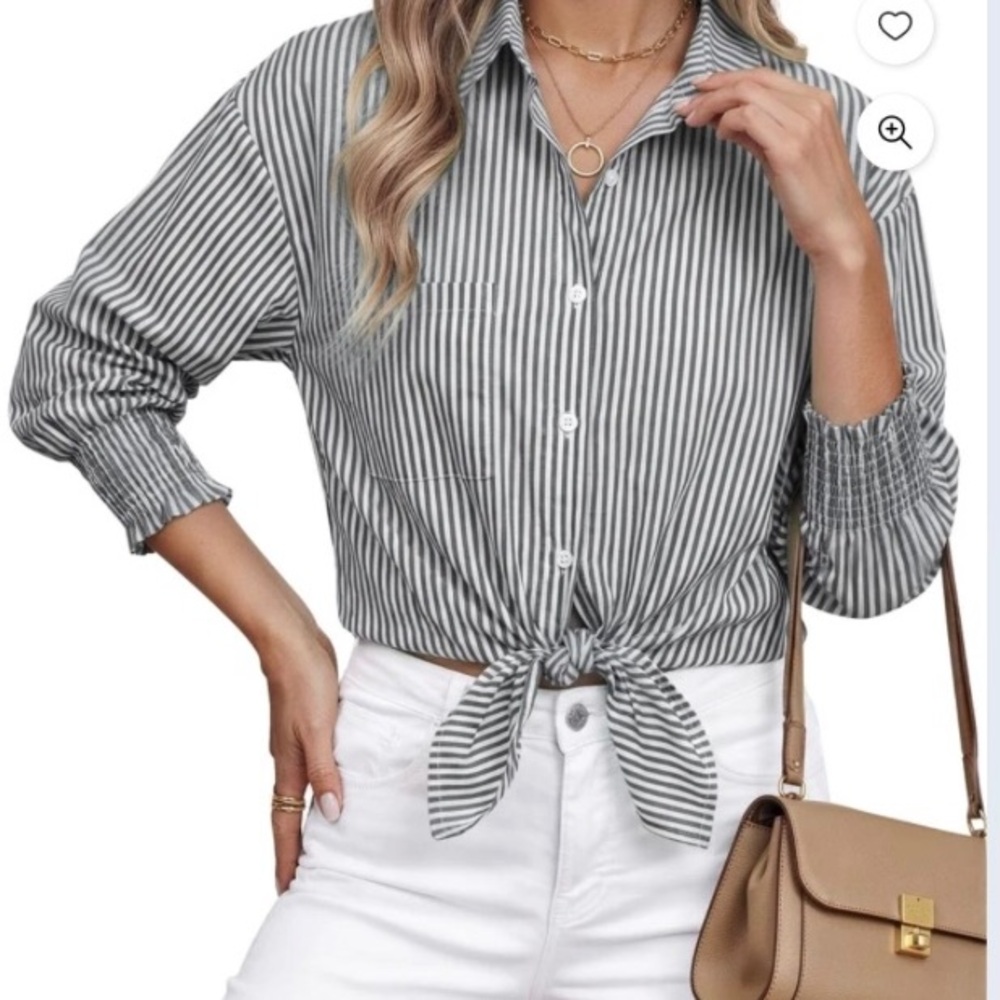 NWT Striped Button Down Shirt  Smocked Cuffed Trendy Blouse Causal long sleeve